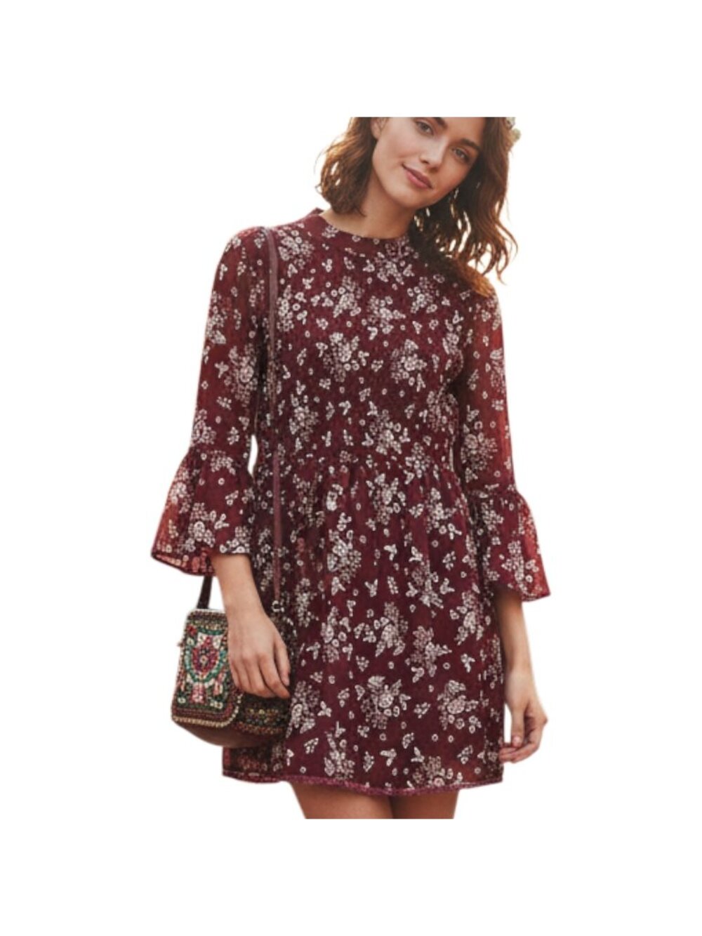Jodi Kristopher Two Piece Mini Dress Floral Burgundy Bell Sleeve Boho Size L